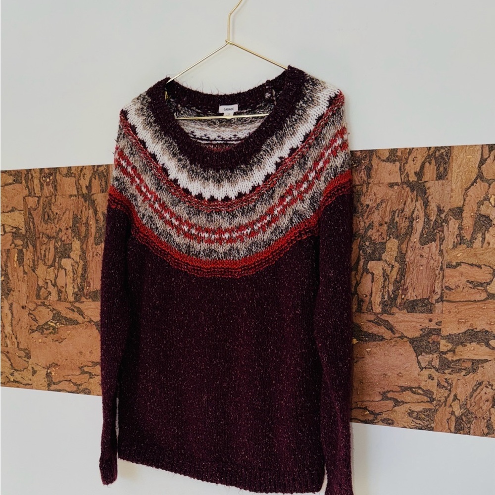 37% Cotton Garage Soft Burgundy Gray Orange Patterned Sweater Medium Weight 💫 - Picture 2 of 5